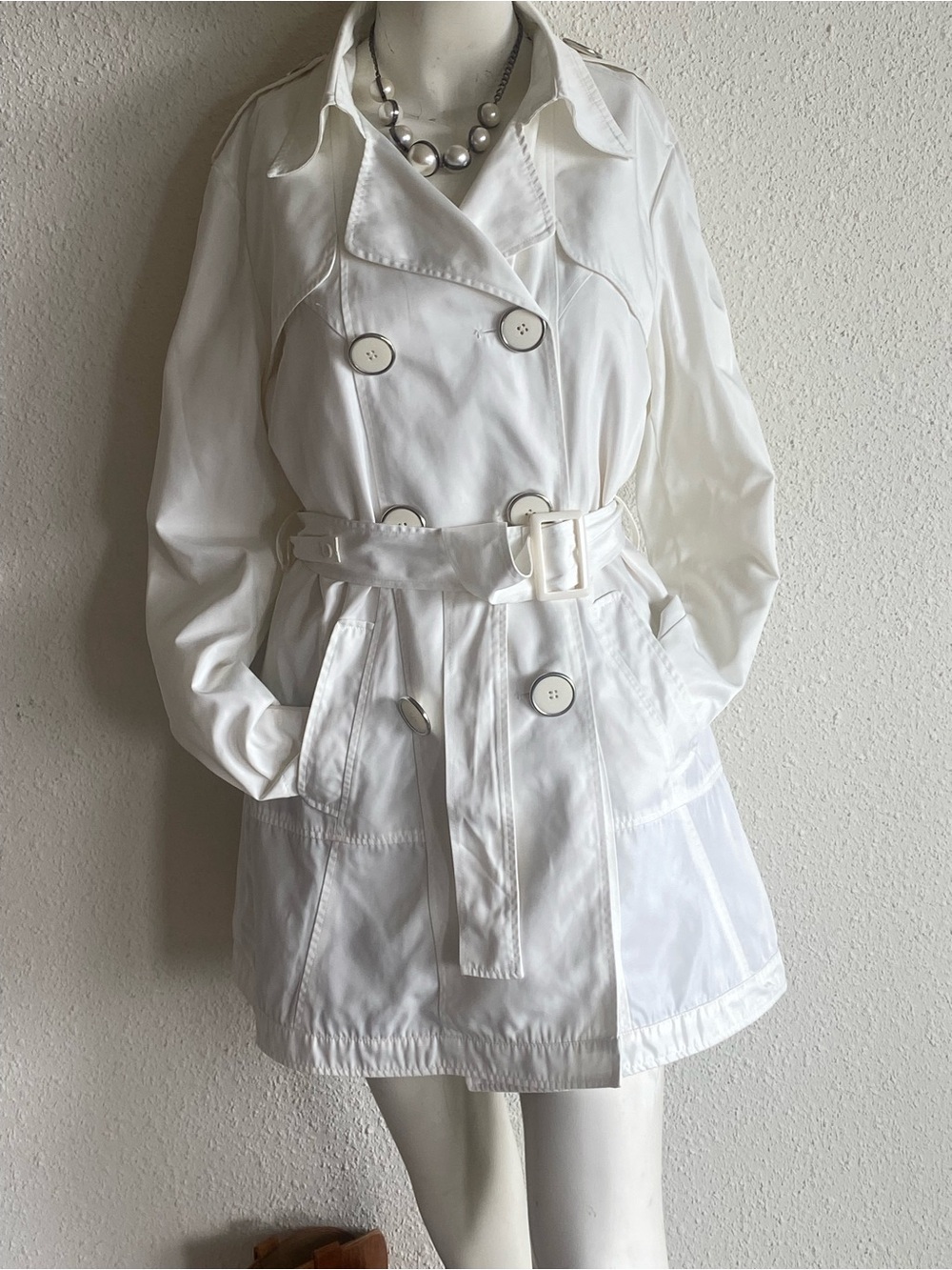 Cream Tencel Double Breasted Trench Coat Belted M